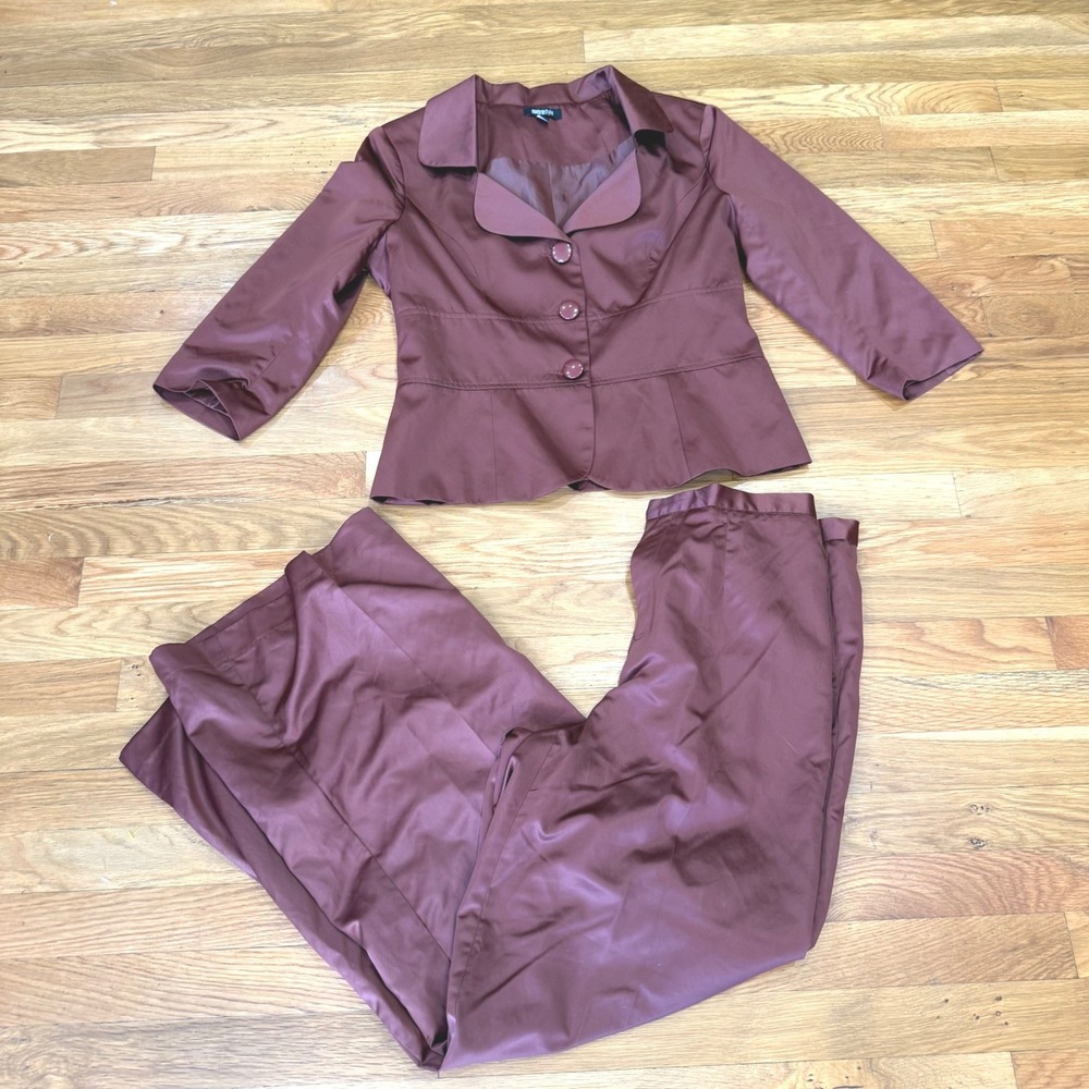 Metrostyle Womens Burgundy 2 Piece Pant Suit Blazer Wide Leg Trousers Size 10